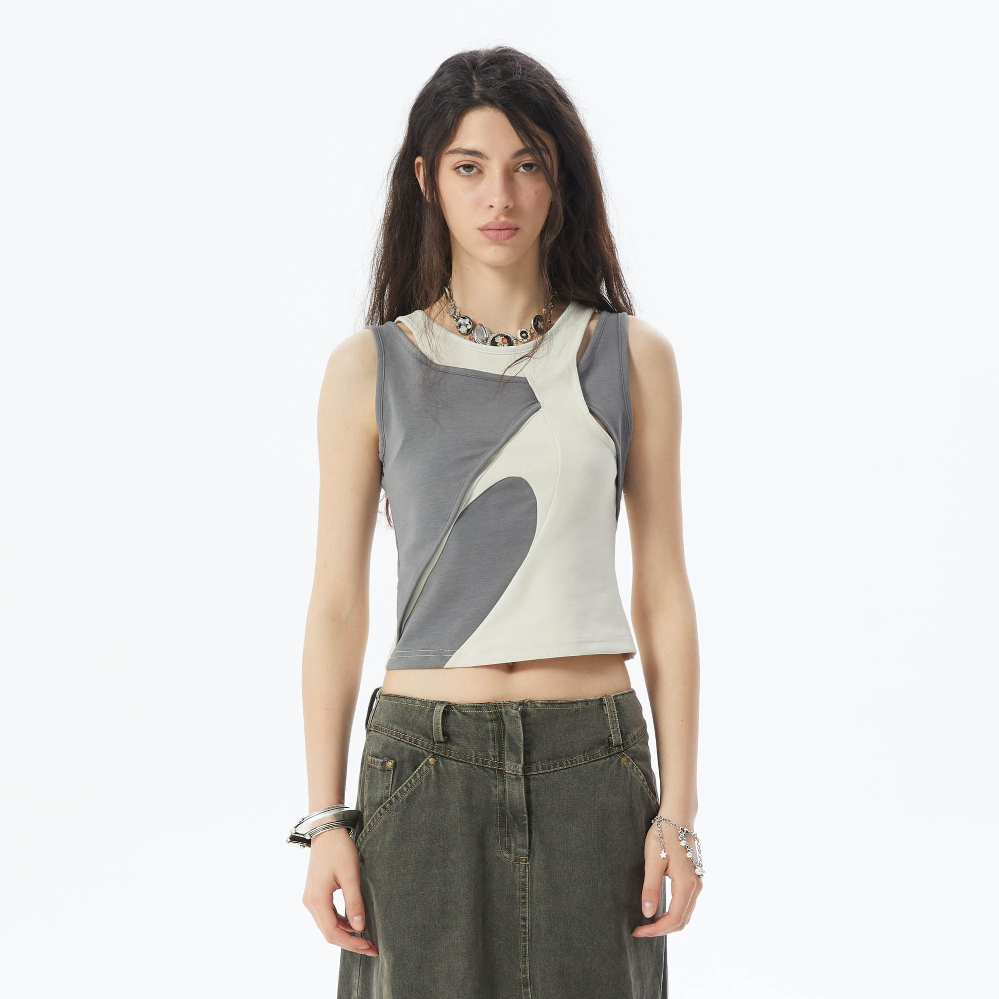 ERROR CODE ROBOT Asymmetrical Contrast Layered Tank Top