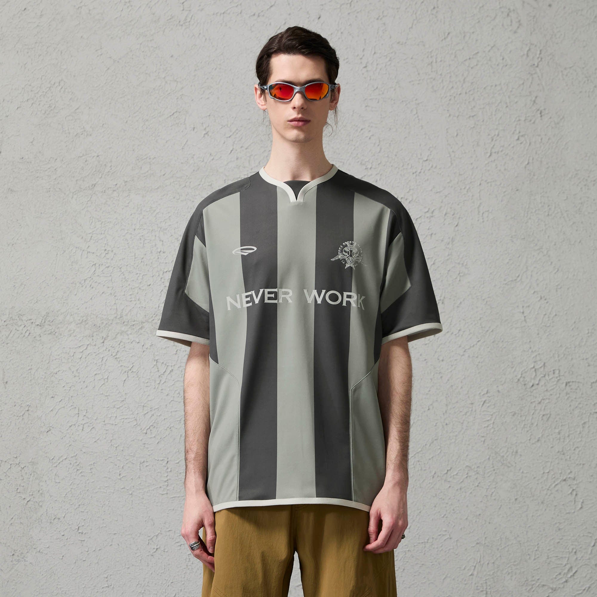 ORGANIC EMOTION Never Work Slogan Stripes Spliced Jersey