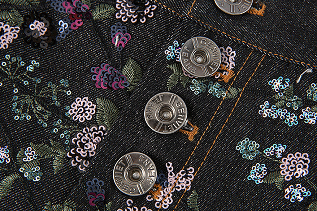 TUIMU Beaded Floral Embroidered Wide-Leg Denim Trousers