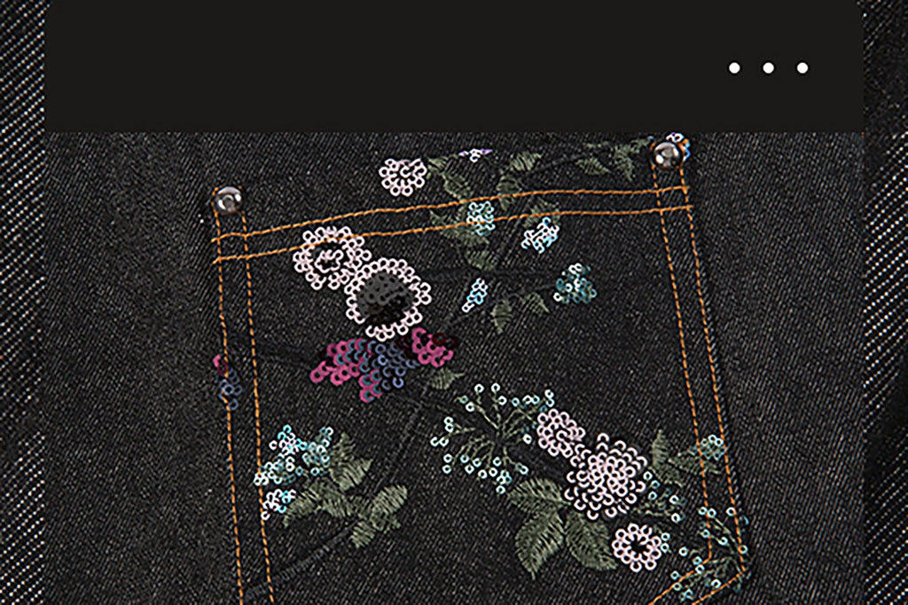 TUIMU Beaded Floral Embroidered Wide-Leg Denim Trousers