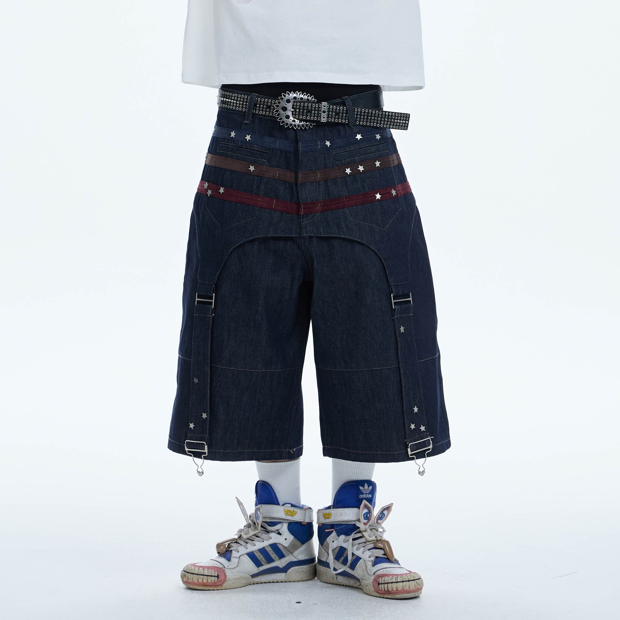 DND4DES Star-Rivet Harness-Layered Denim Shorts
