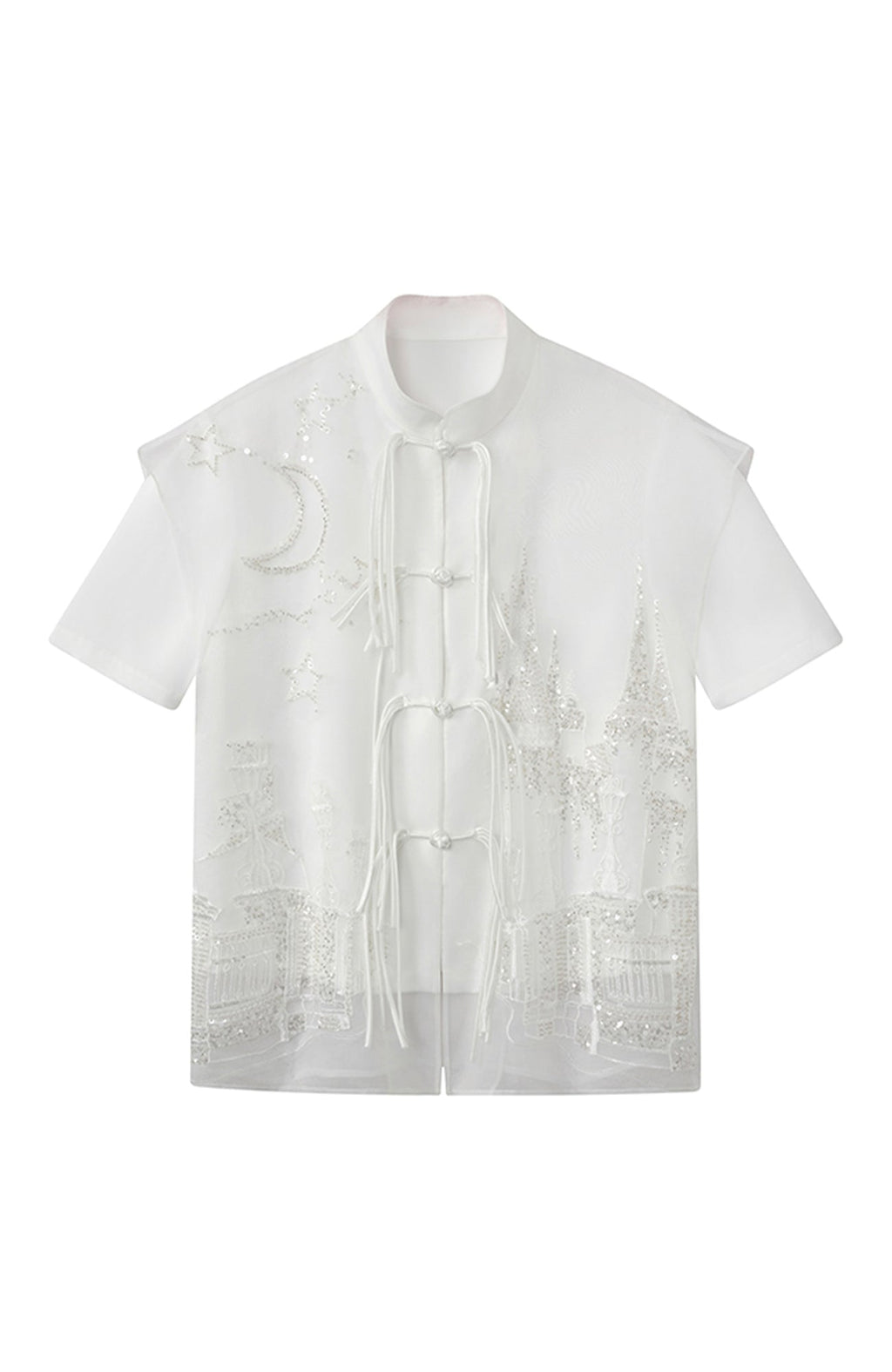 JIECHI Mandarin Embroidered Mesh Panel Half Shirt