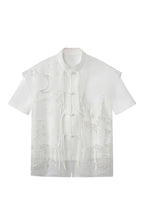 JIECHI Mandarin Embroidered Mesh Panel Half Shirt