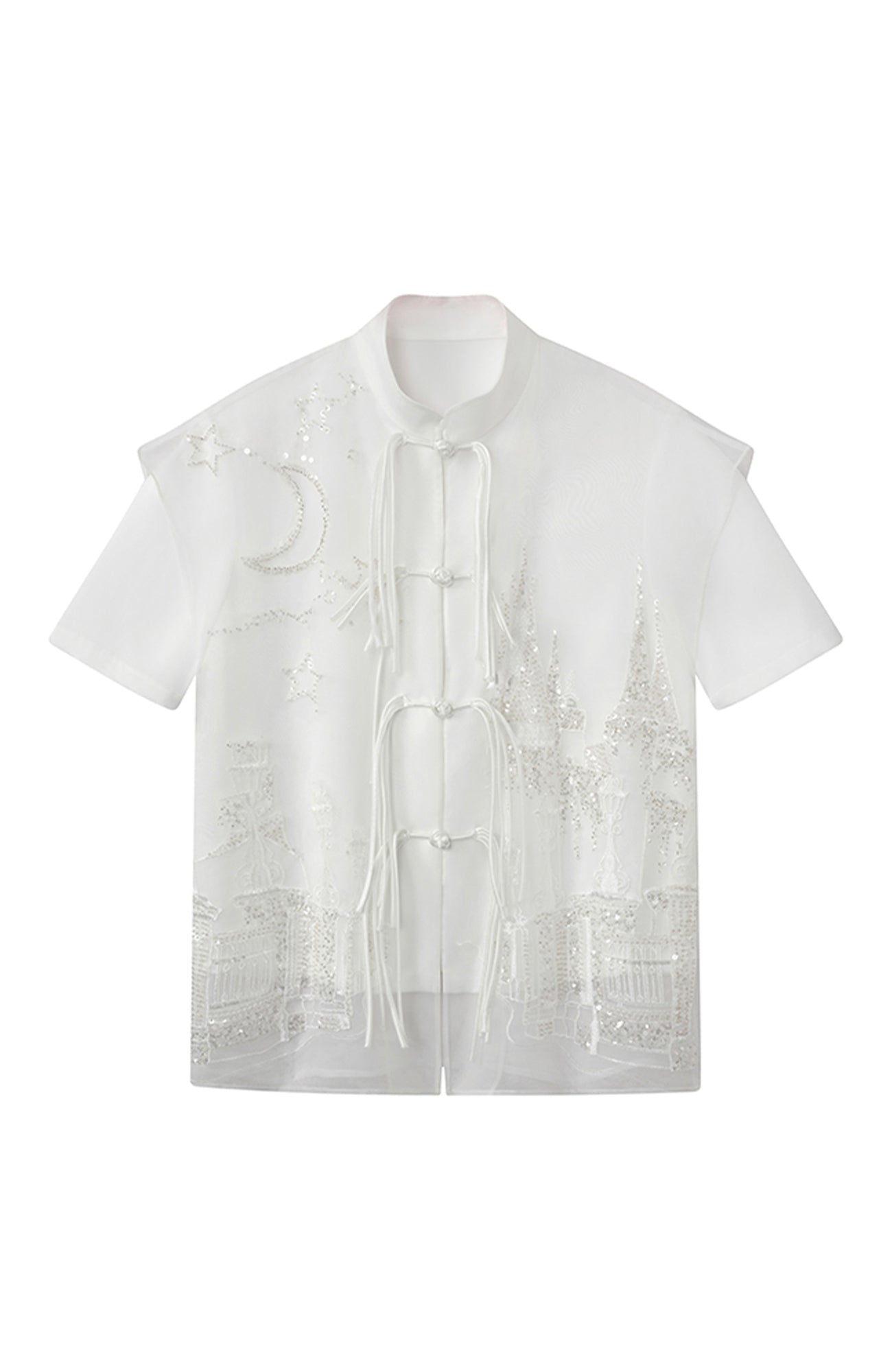 JIECHI Mandarin Embroidered Mesh Panel Half Shirt