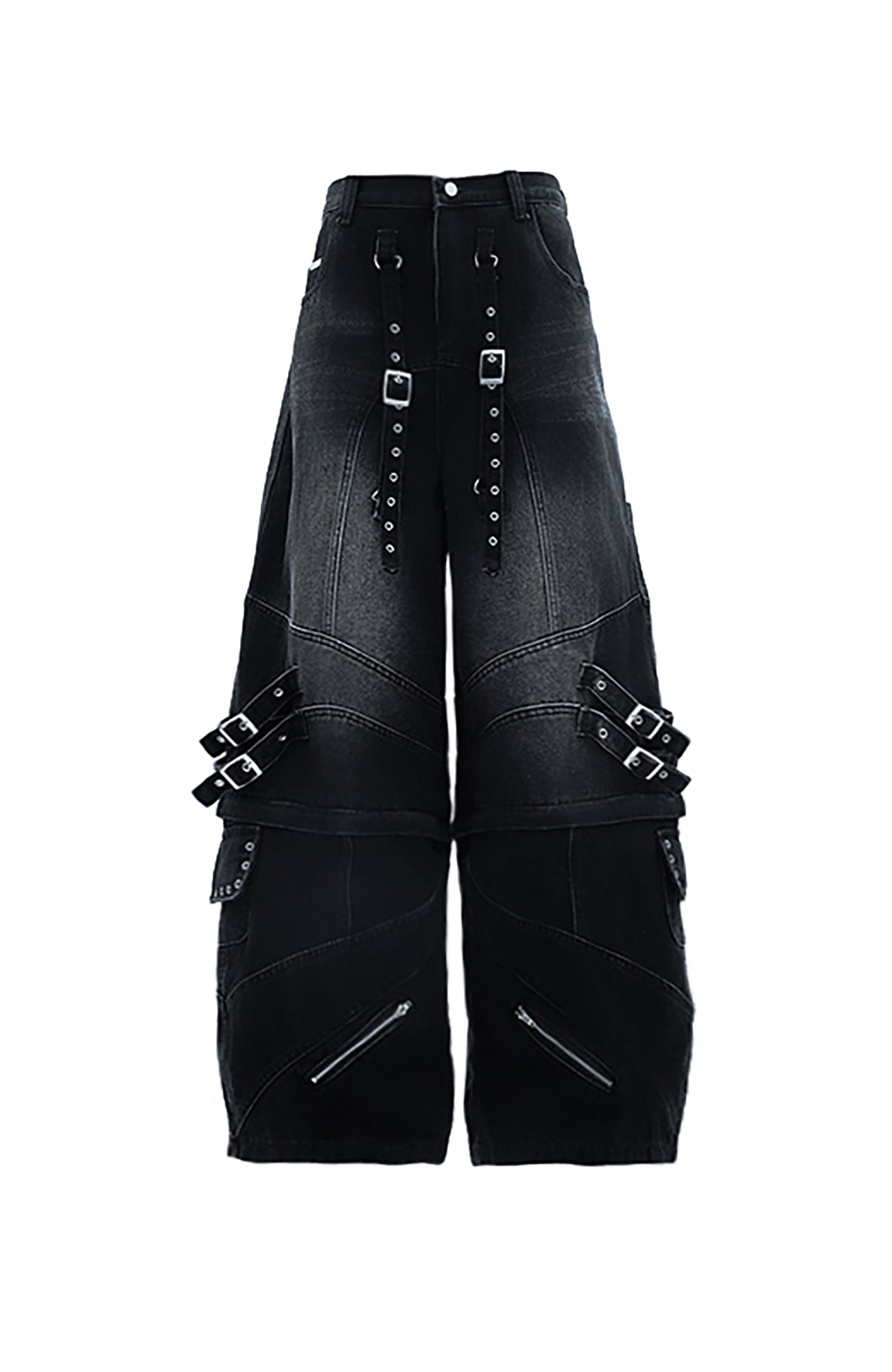 MOGONGSHE Detachable Drape-Strap Washed Jeans