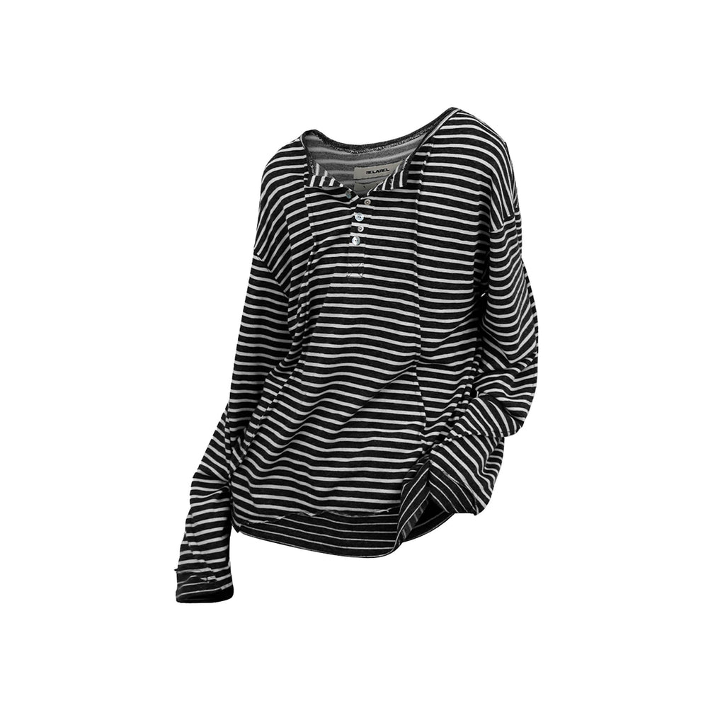 RELABEL Striped Pleated Henley Long-Sleeve Tee