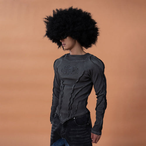 CLP Distressed Raw-Seam Paneled Long-Sleeve Tee