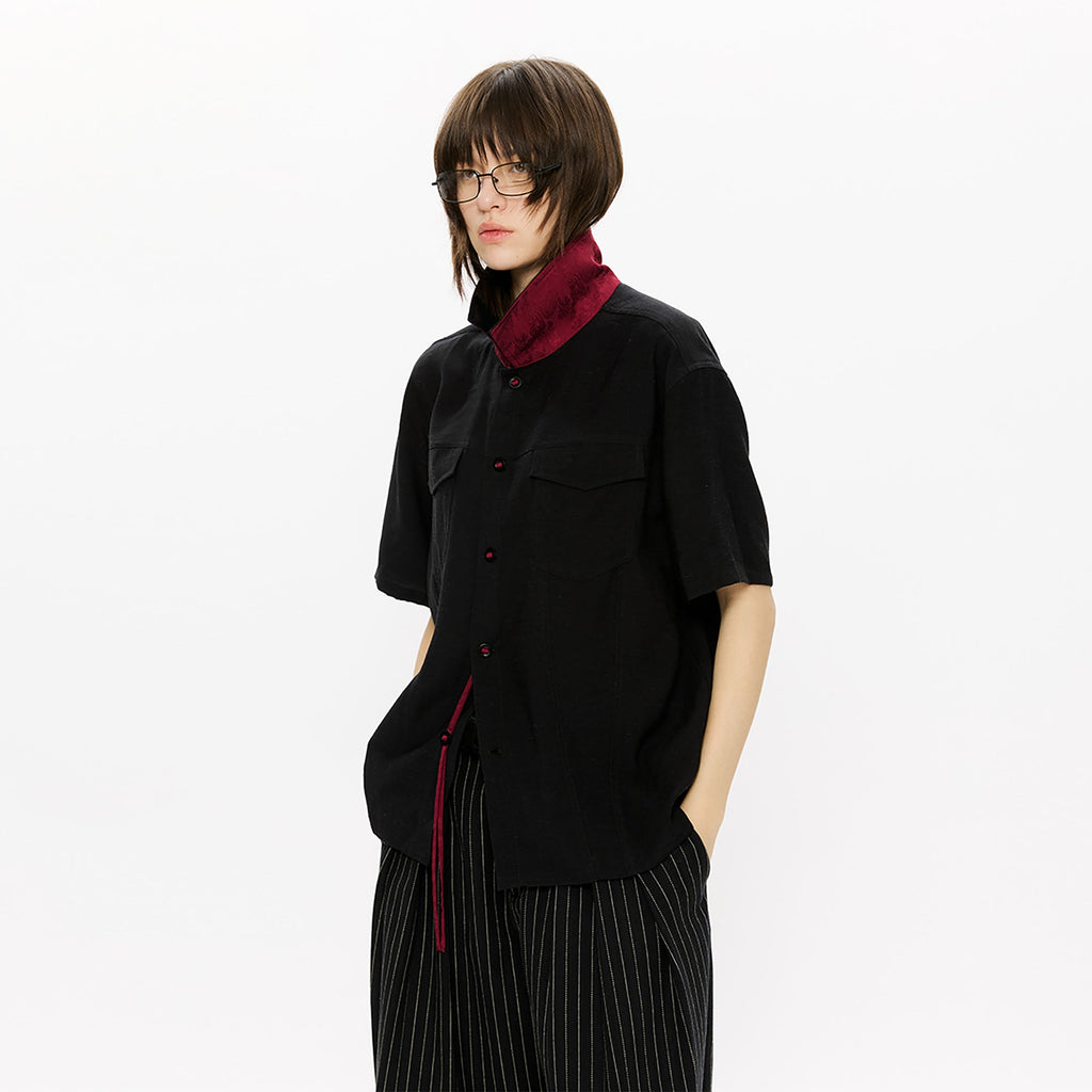 KREATE Contrast Collar Linen Half Shirt