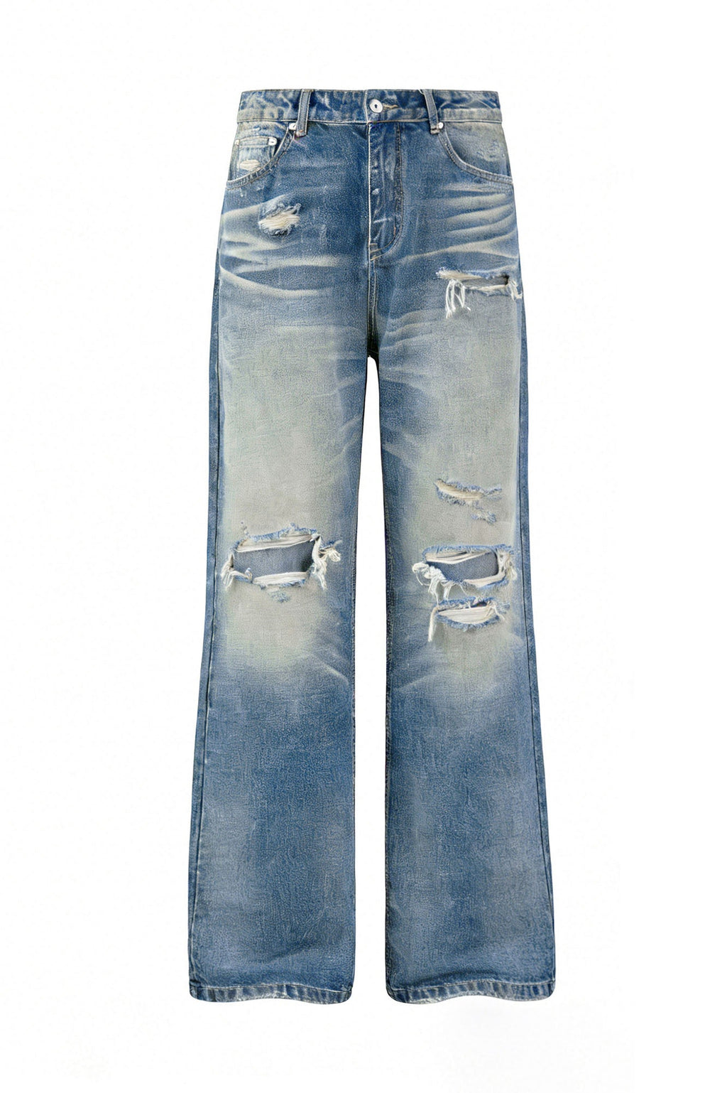 KREATE Double-Layer Distressed Straight-Leg Jeans
