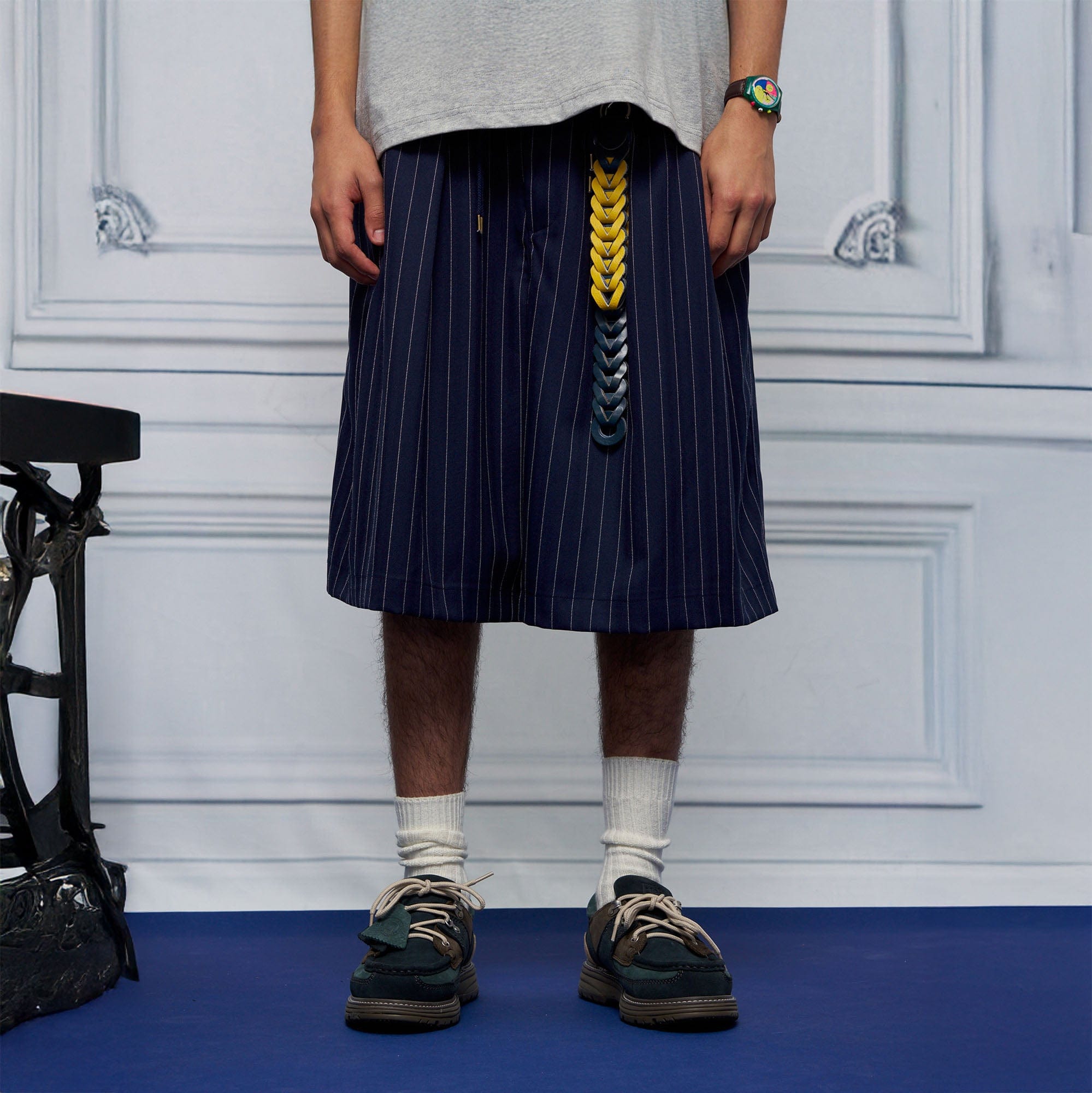 UNLIMITED MOTE Pleated Wide-Leg Drawstring Shorts Stripe