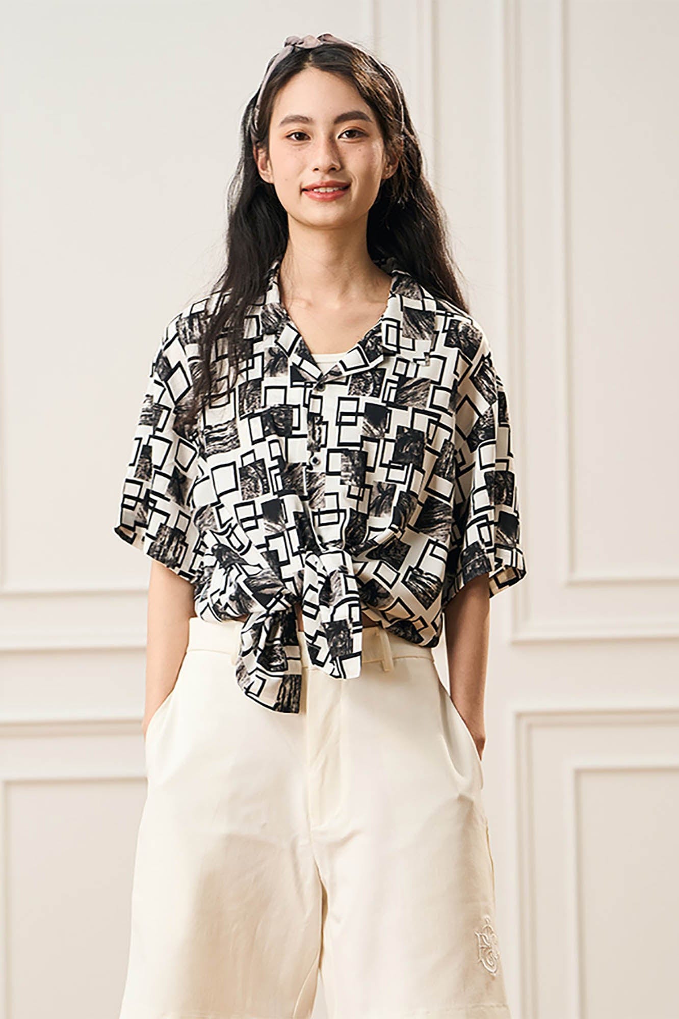 EPIC POETRY Monochrome Collage Grid Cuban Half Shirt