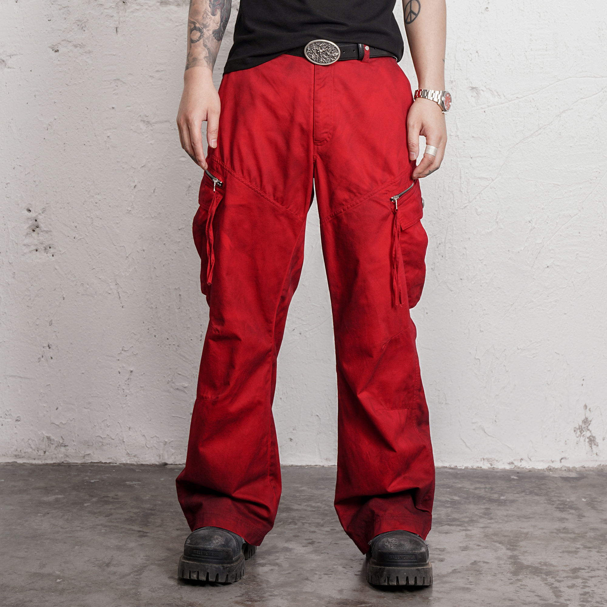 UNDERWATER Burnt Red Dirty-Dyed Moleskin Cargo Pants