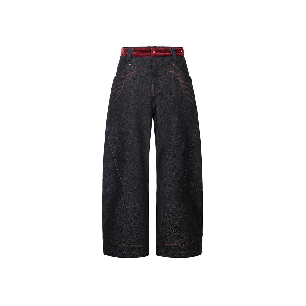 ESAIAS Vermilion Stitch Red Turquoise Curved Denim Pants