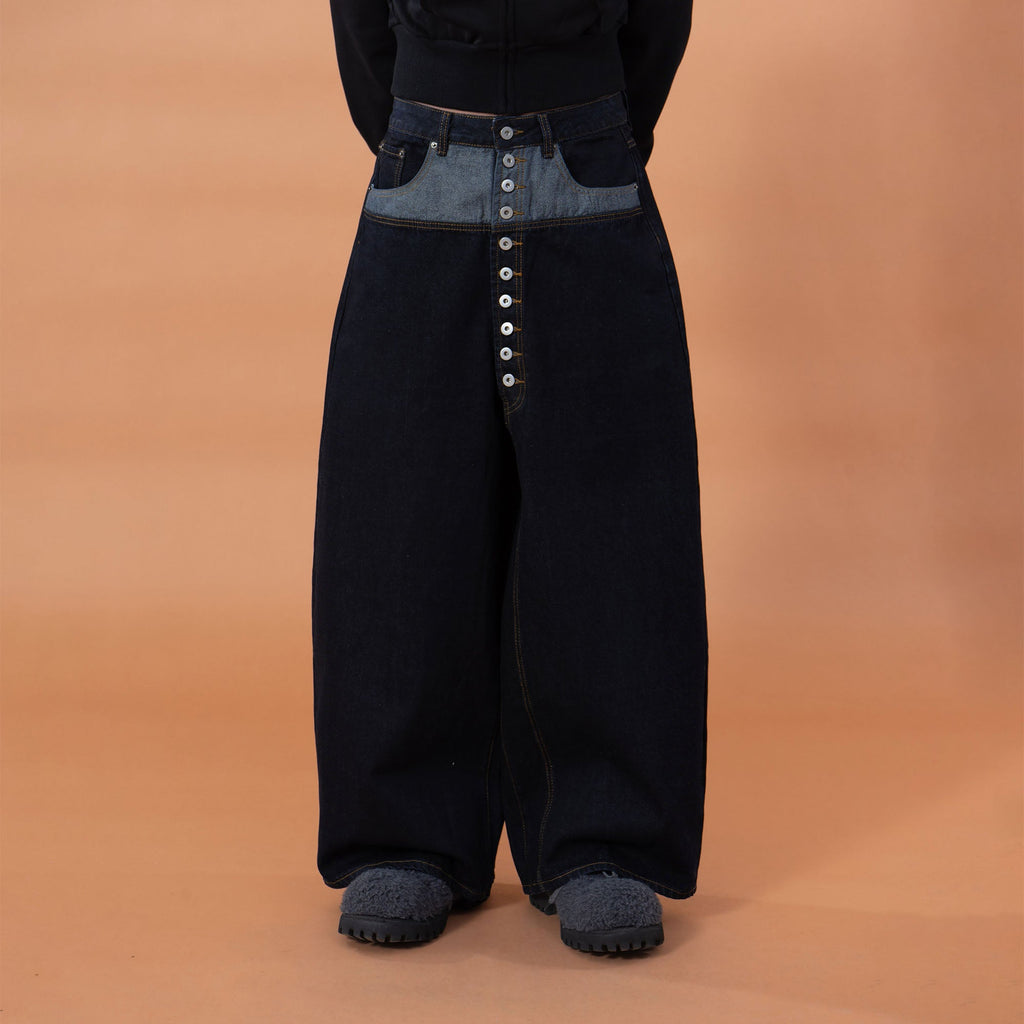 CLP Contrast-Waist Botton-Fly Oversized Raw Jeans