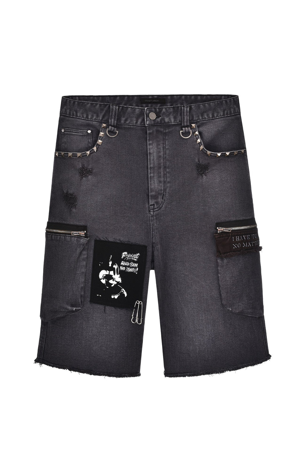 VENTUREK Washed Patch Studded Raw-Edge Shorts