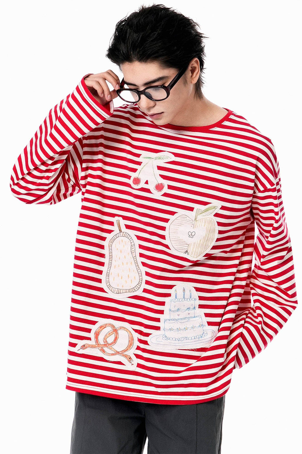OIPWORD Snack Patchwork Striped Long-Sleeve Tee