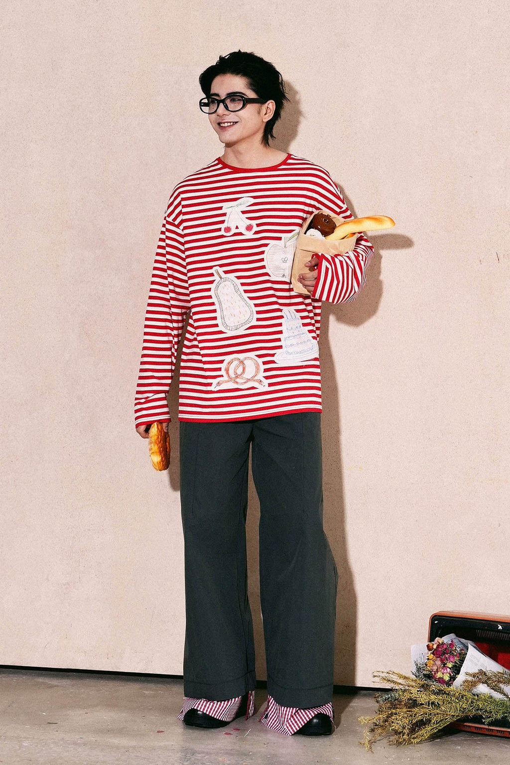 OIPWORD Snack Patchwork Striped Long-Sleeve Tee