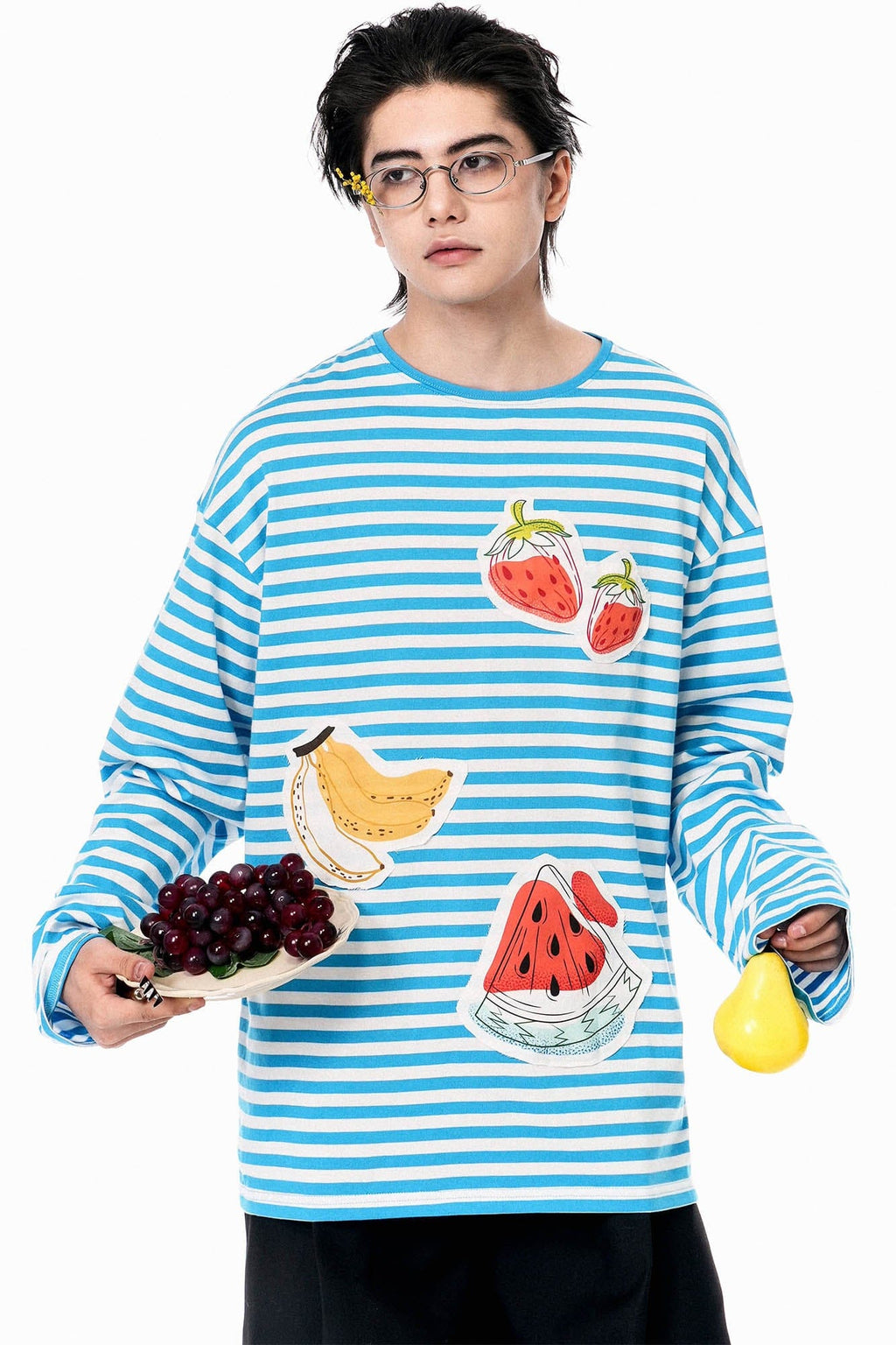 OIPWORD Snack Patchwork Striped Long-Sleeve Tee