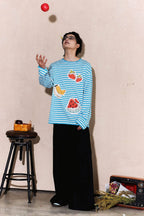 OIPWORD Snack Patchwork Striped Long-Sleeve Tee