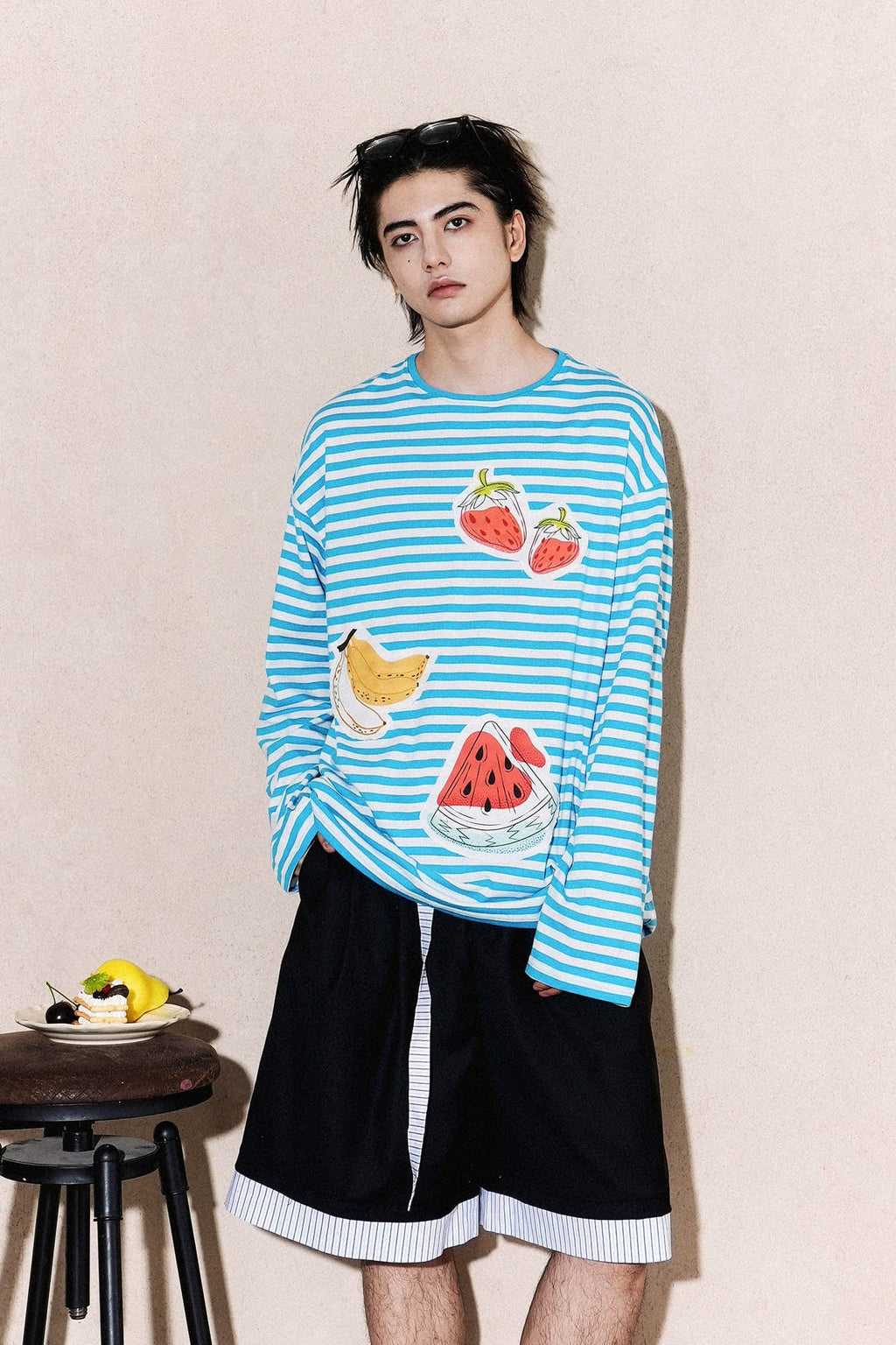 OIPWORD Snack Patchwork Striped Long-Sleeve Tee