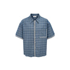 ESAIAS Plaid Layered Raw-Edge Half Shirt Blue