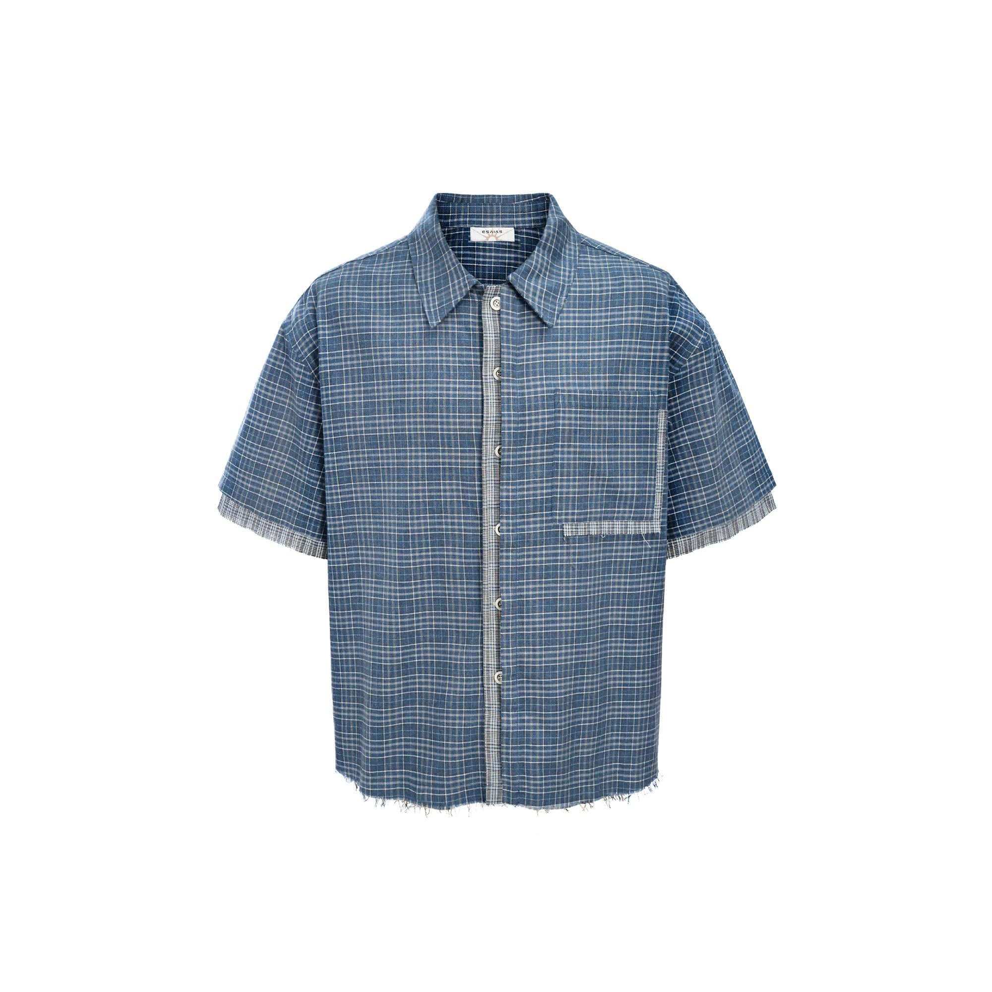 ESAIAS Plaid Layered Raw-Edge Half Shirt Blue