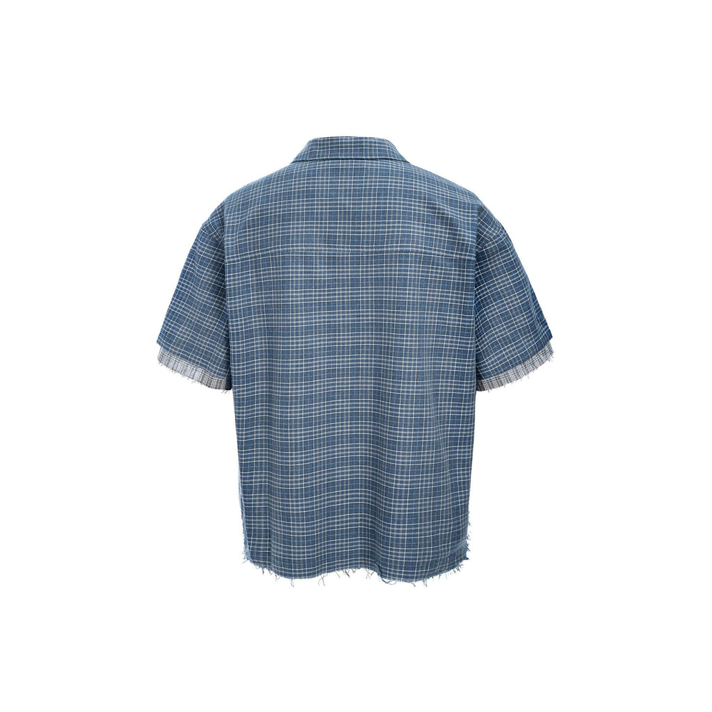 ESAIAS Plaid Layered Raw-Edge Half Shirt Blue
