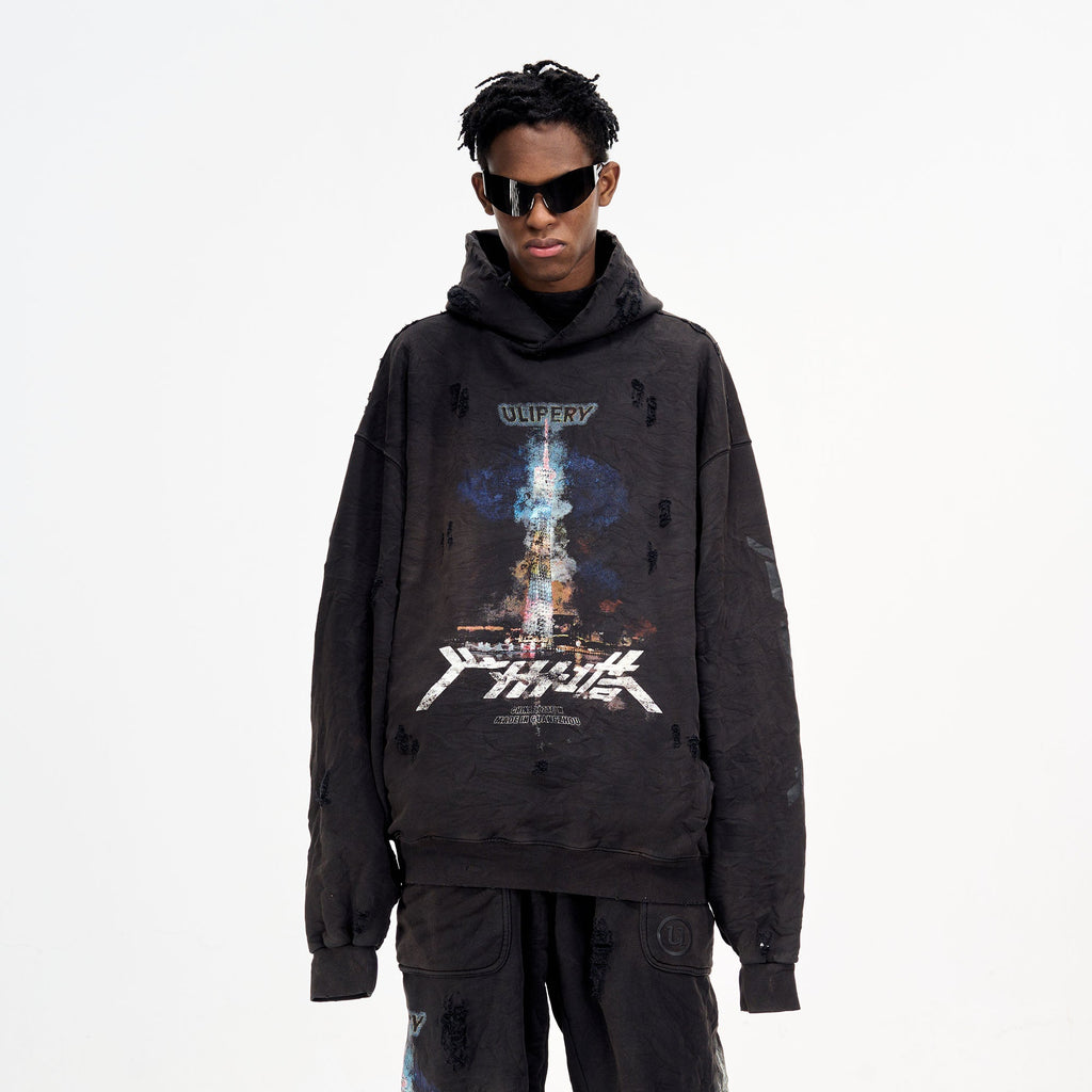 ULIPERY Distressed Glow Crinkled Hoodie