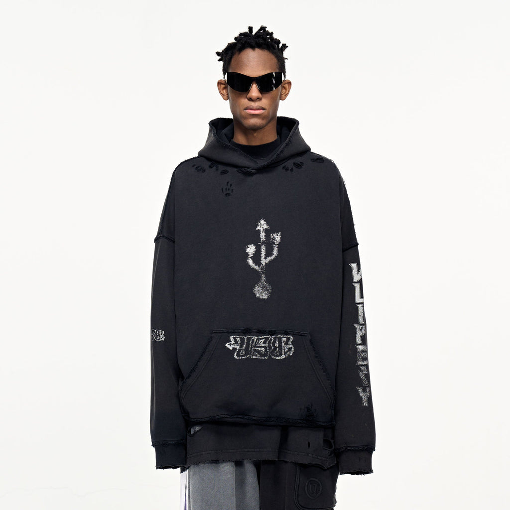 ULIPERY Distressed USB Graphic Hoodie