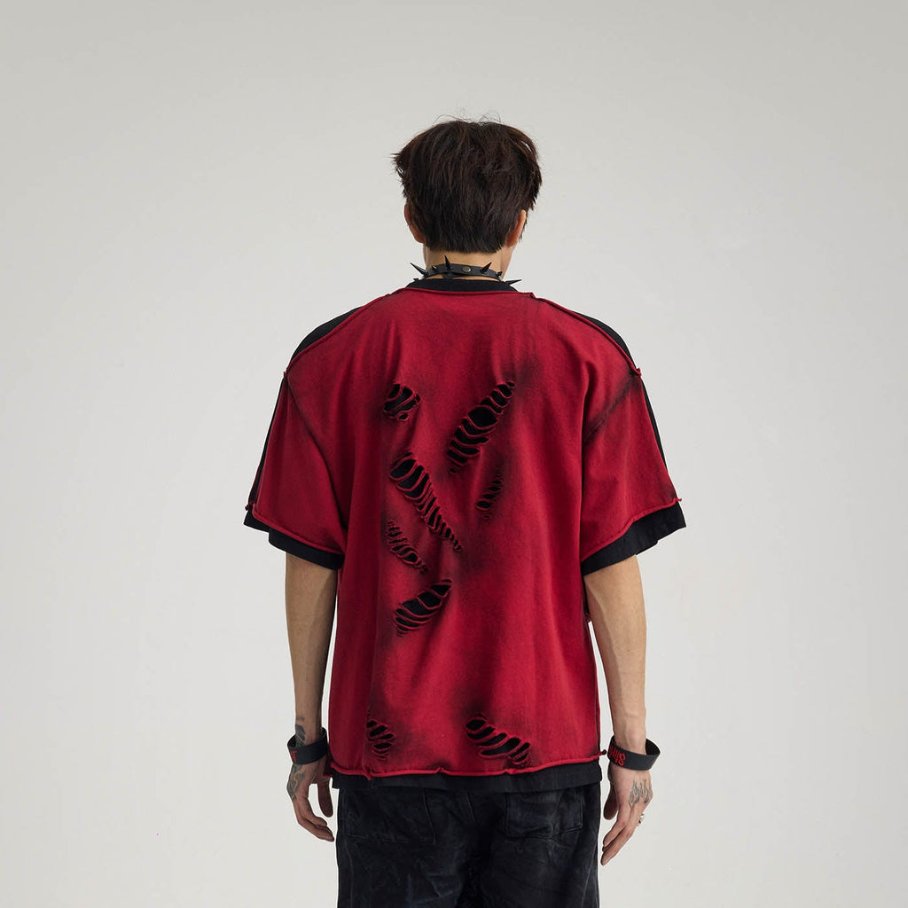 FLYERRER Double-Layered Ripped T-Shirt Red
