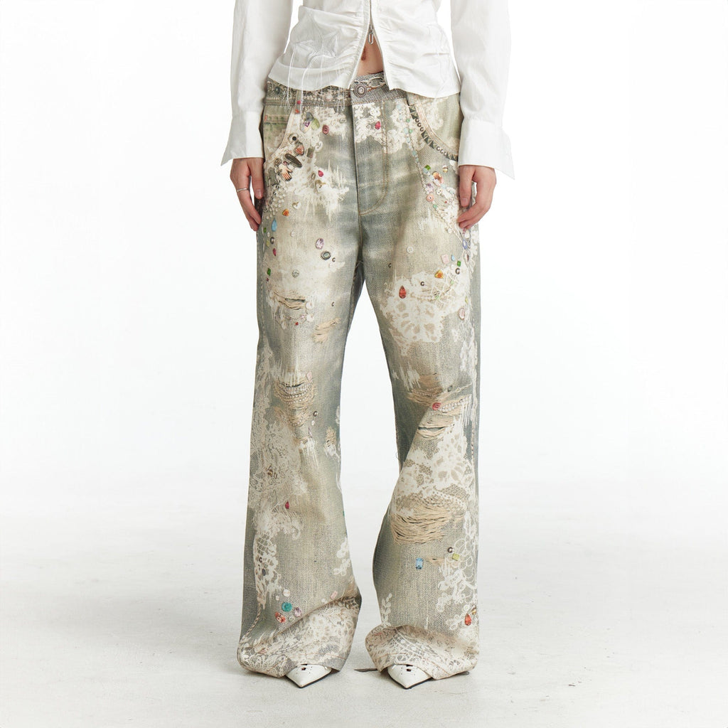DND4DES×Faychui Distressed Gem&Lace Jeans