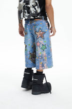 DND4DES Star Graffiti Patchwork Cartoon Denim Oversized Shorts