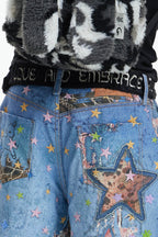 DND4DES Star Graffiti Patchwork Cartoon Denim Oversized Shorts