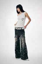 DND4DES×Faychui Snowflake Full-Print Spliced Multi-Pocket Jeans