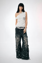 DND4DES×Faychui Snowflake Full-Print Spliced Multi-Pocket Jeans