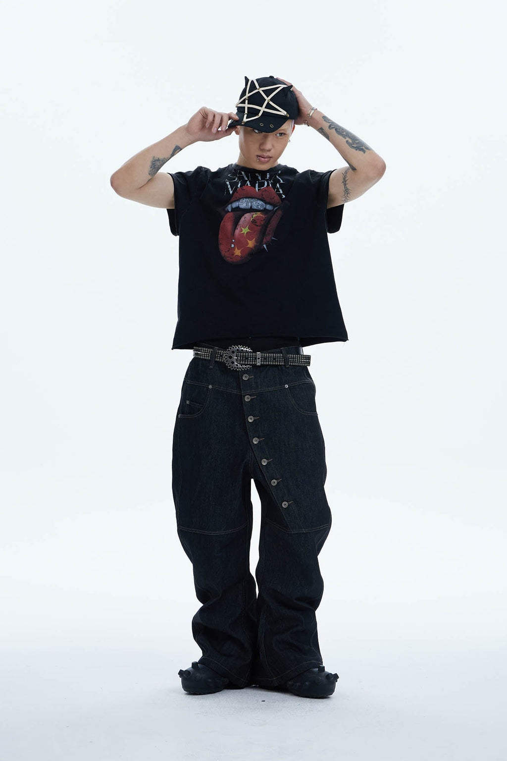 DND4DES Asymmetric Button-Fly Spliced Baggy Jeans