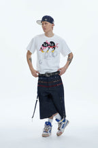 DND4DES Star-Rivet Harness-Layered Denim Shorts