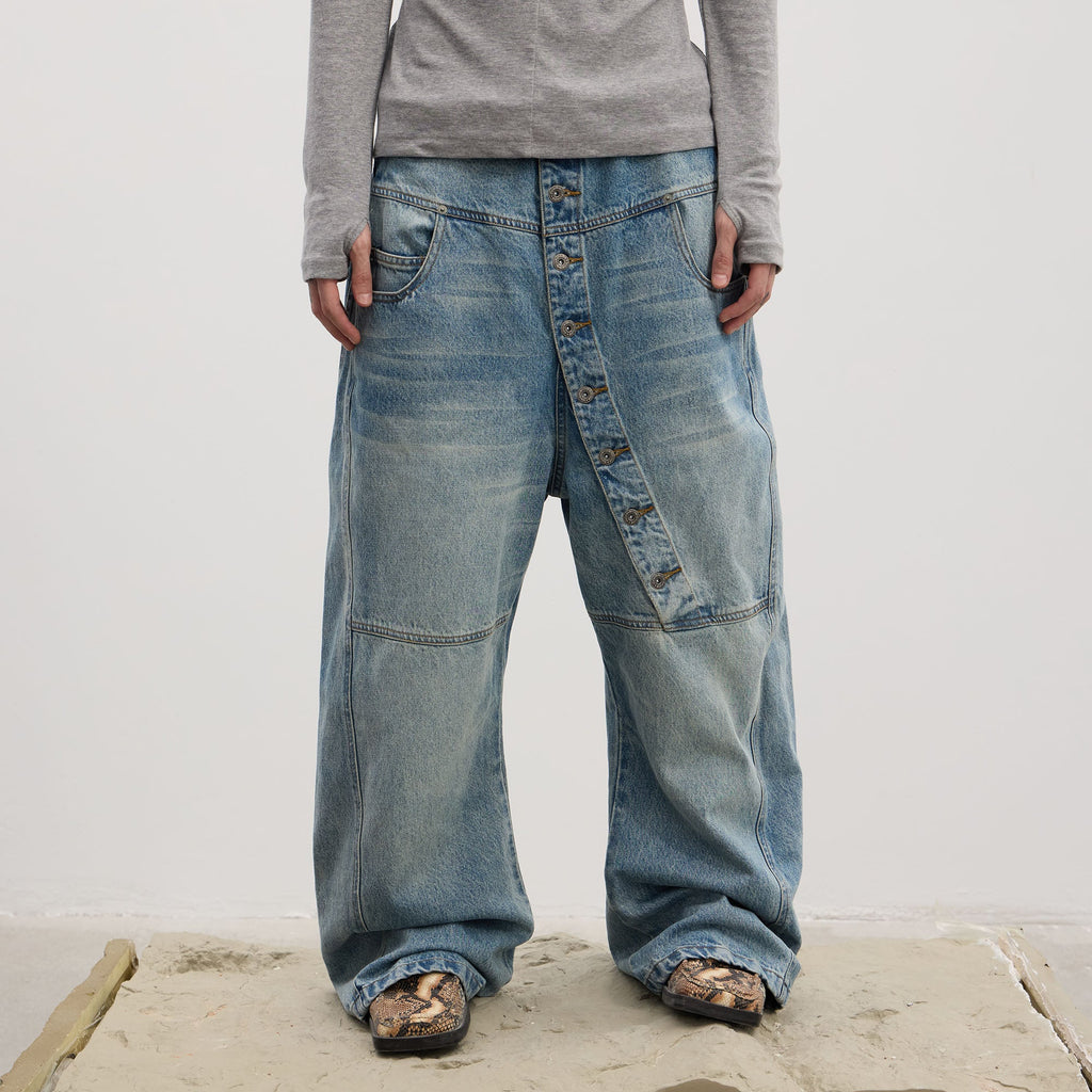 DND4DES Asymmetric Button-Fly Panel Washed Jeans