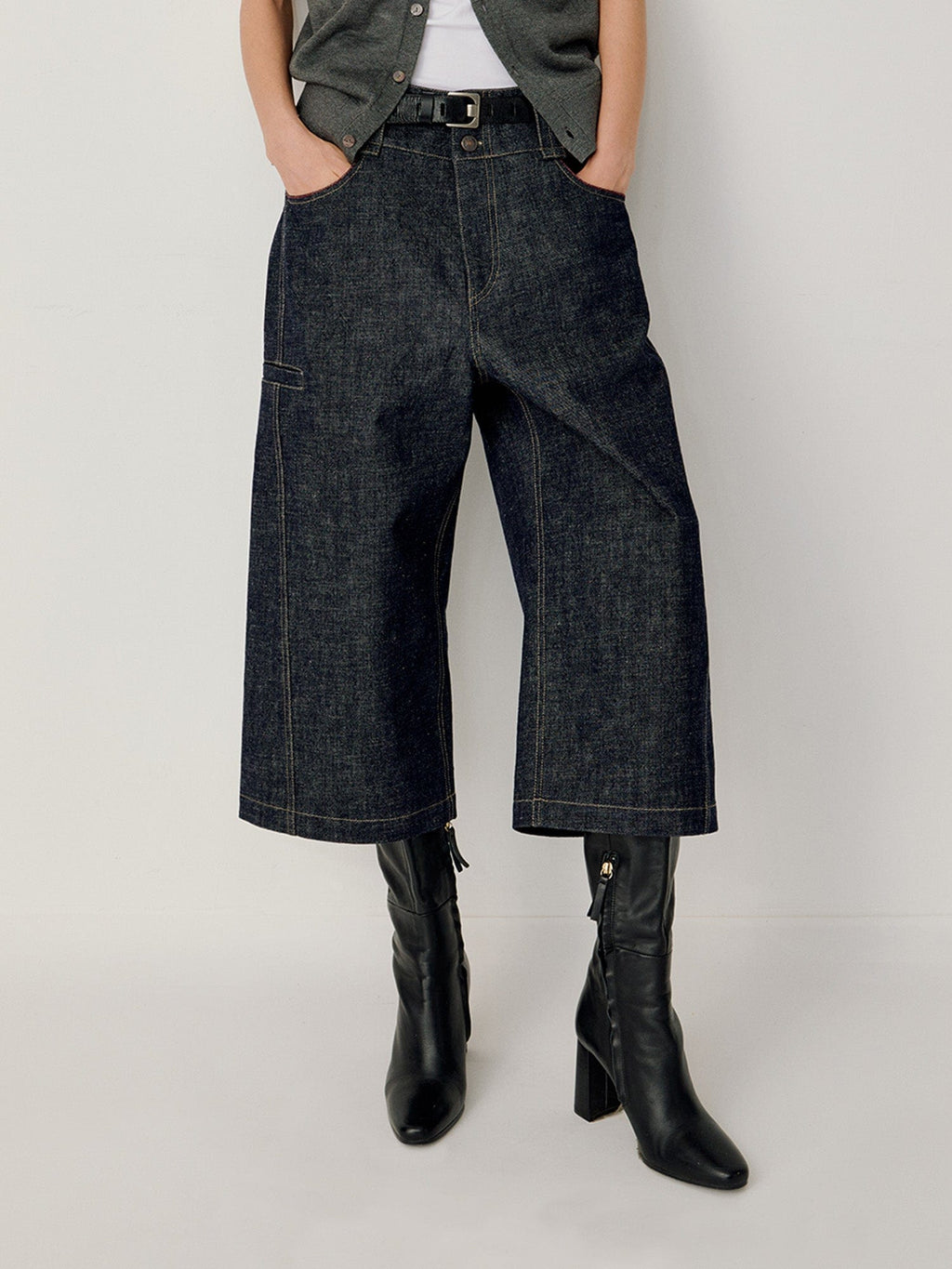 OPICLOTH Essential Stitched Cropped Raw Jeans