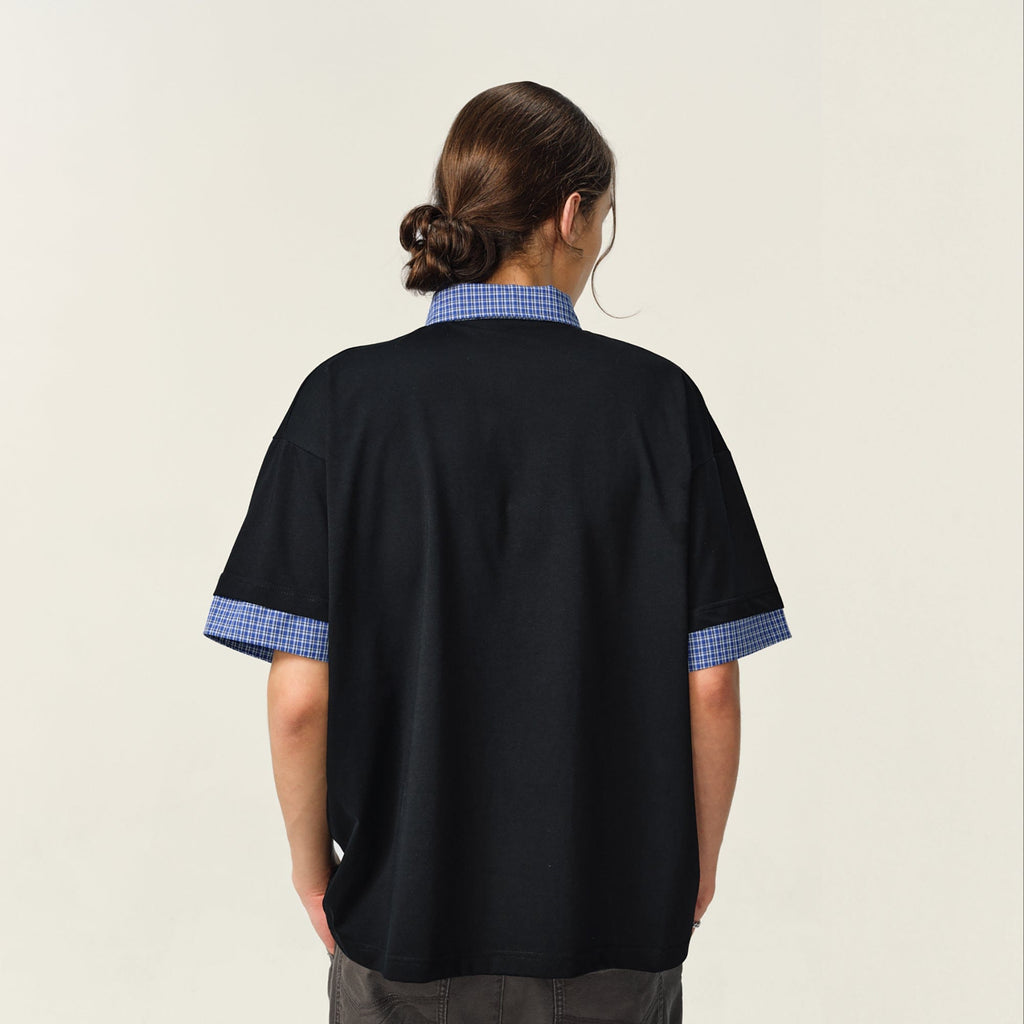 OVDY Layered Plaid Panel Mock Shirt T-Shirt