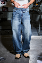 455EMBLE Washed Waist-Zip Wide-Leg Jeans