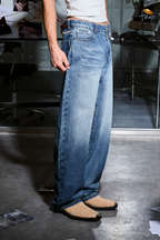 455EMBLE Washed Waist-Zip Wide-Leg Jeans