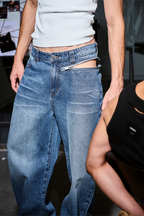 455EMBLE Washed Waist-Zip Wide-Leg Jeans