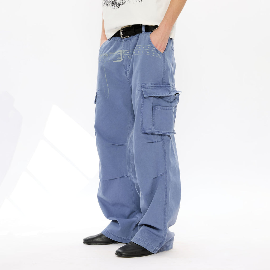 KREATE Washed Belt Graphic Crinkled Cargo Pants