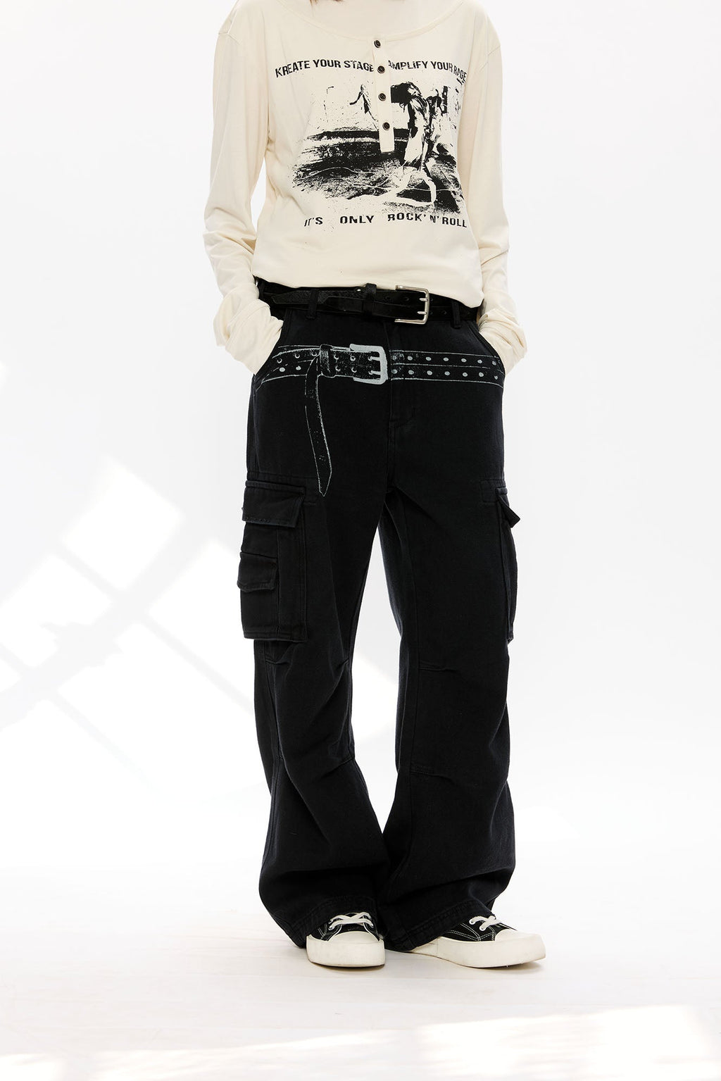 KREATE Washed Belt Graphic Crinkled Cargo Pants