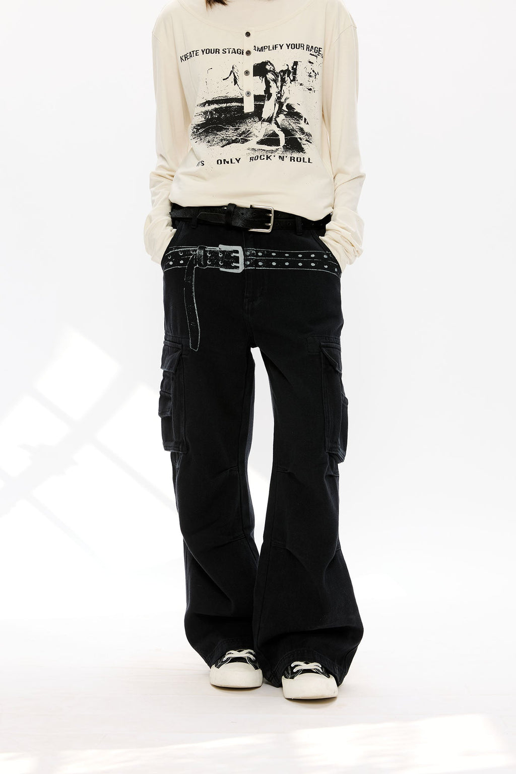 KREATE Washed Belt Graphic Crinkled Cargo Pants