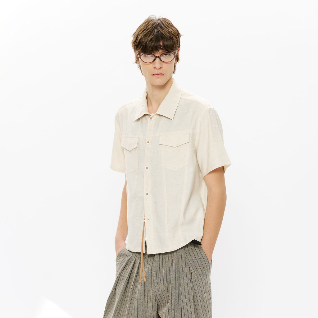 KREATE Contrast Collar Linen Half Shirt