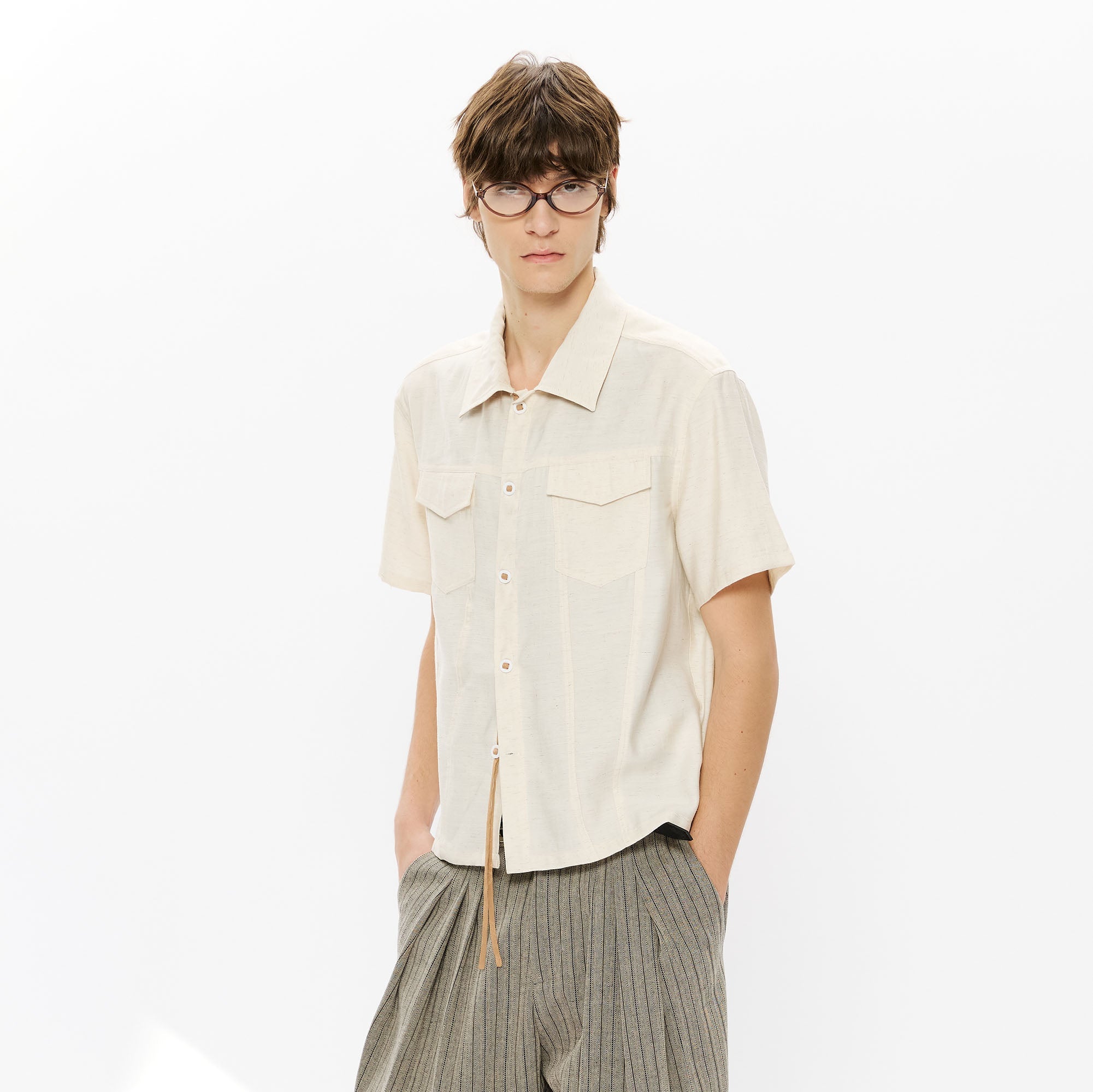 KREATE Contrast Collar Linen Half Shirt