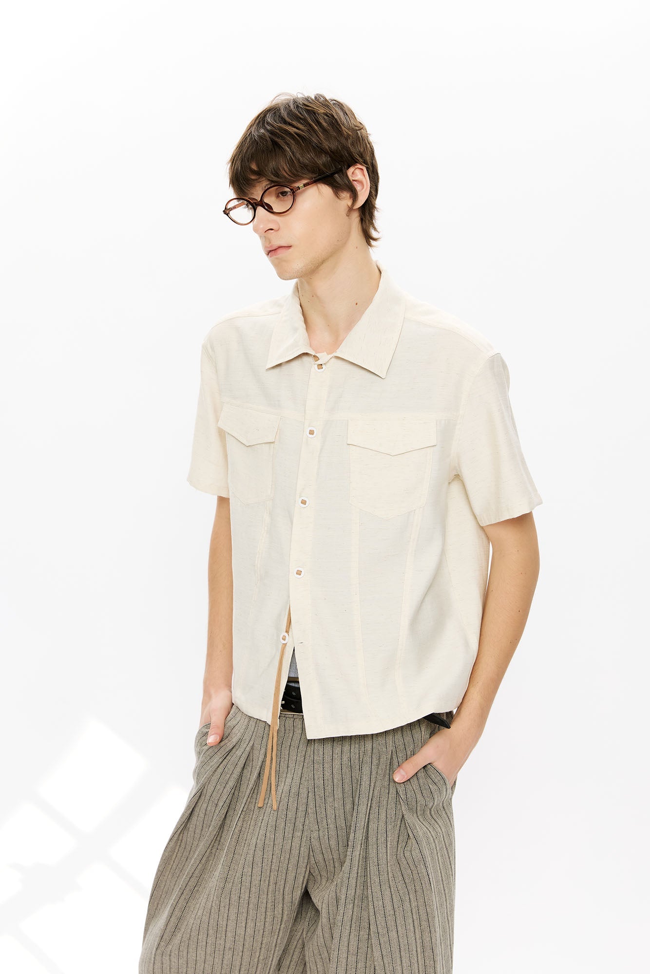 KREATE Contrast Collar Linen Half Shirt