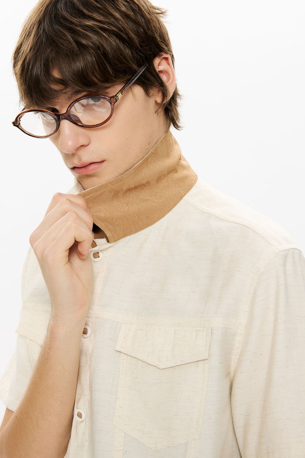 KREATE Contrast Collar Linen Half Shirt
